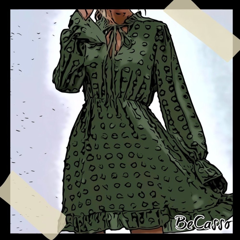 Green Boho Swiss Dot Tie Neck Ruffle Dress